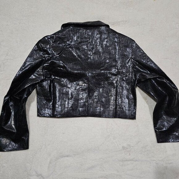 BADEE ✦ Faded ECO Vegan Leather Crop Jacket ✦ OS Black Croc Texture Oversized - Picture 4 of 17